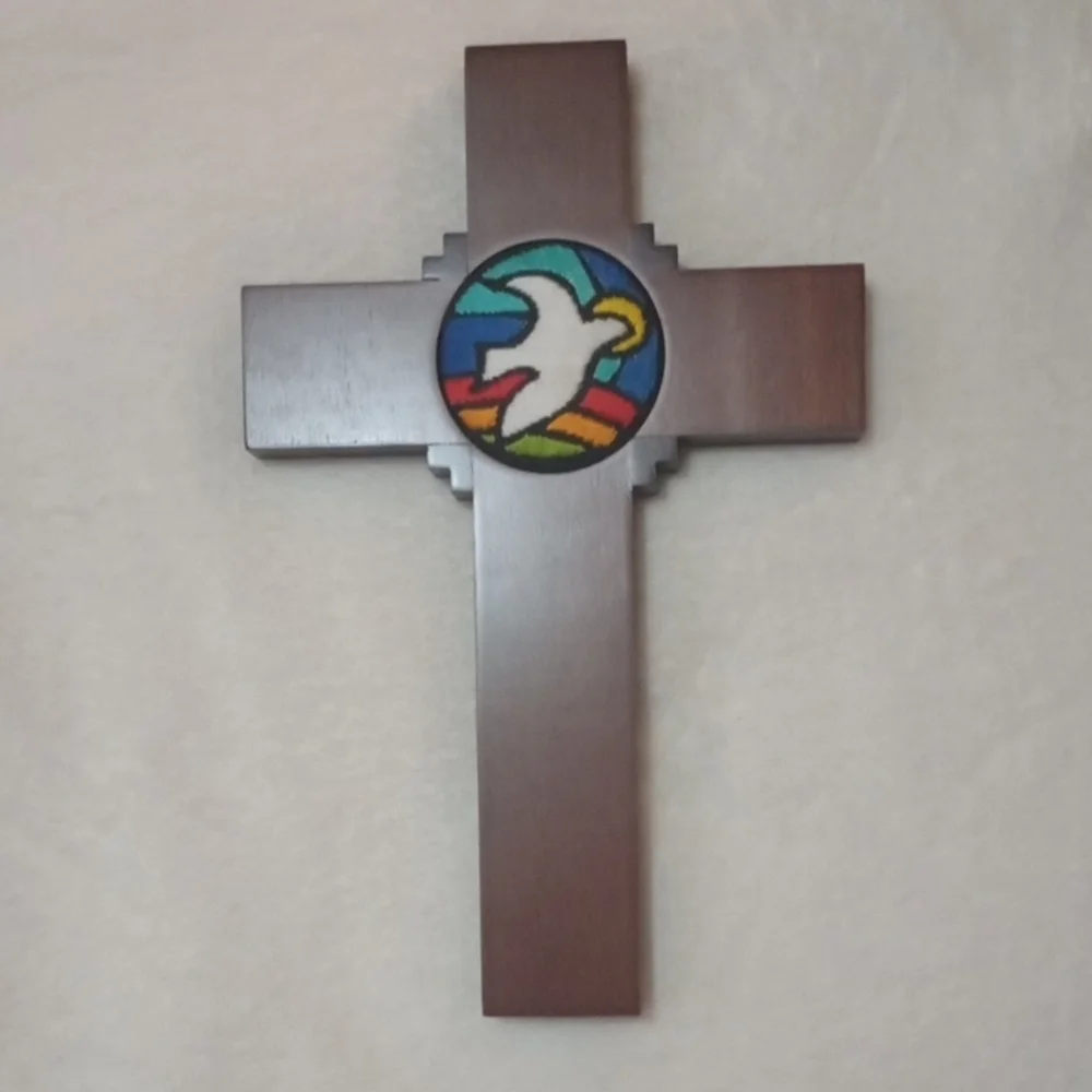 Wooden Cross with Stained Glass Inspired Dove Design - Picture 1 of 3